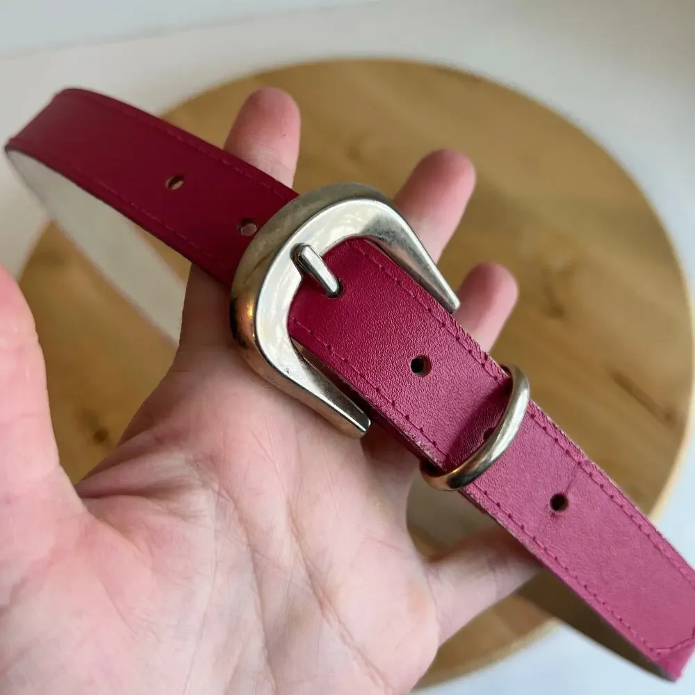 Vintage 90s Pink Vegan Leather Gold Silver Buckle Belt Size Small